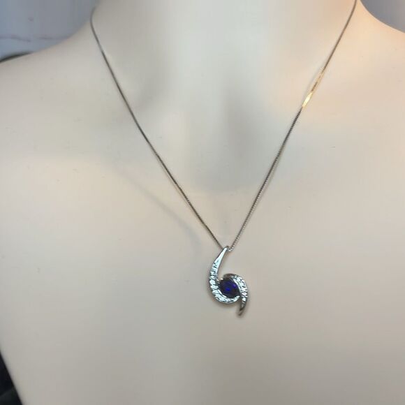 Lab Grown Blue and White Sapphire pendant Necklace in Sterling Silver 18” - Picture 3 of 9